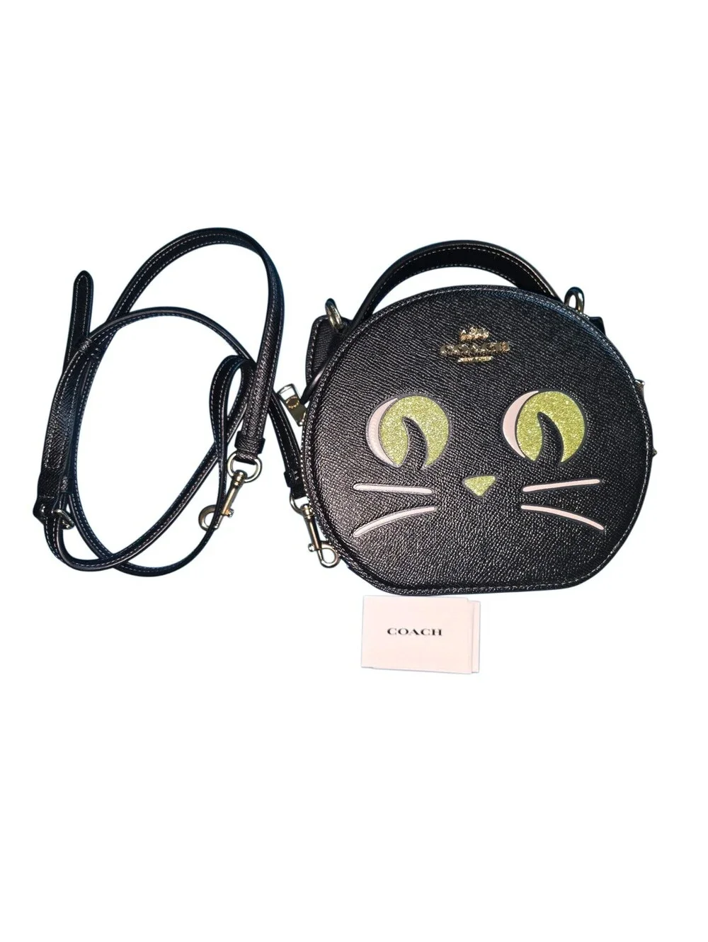 Coach Black Cat Crossbody Canteen Bag Halloween Novelty Purse Gold Glitter Eyes